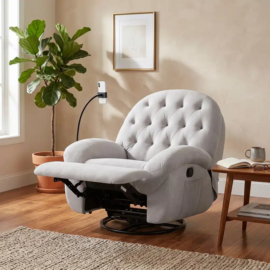 Kura Rocking Recliner Sofa With Phone Holder in easy clean fabric - Lazio Sofa